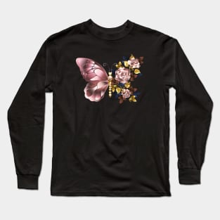 Flower Butterfly with Pink Gold Roses Long Sleeve T-Shirt